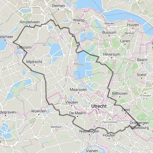 Miniatuurkaart van de fietsinspiratie "Langs de Amstel en Vecht" in Utrecht, Netherlands. Gemaakt door de Tarmacs.app fietsrouteplanner