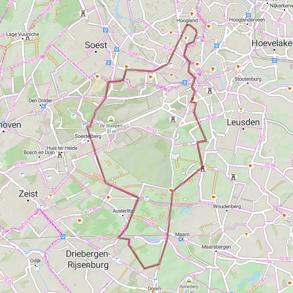 Map miniature of "Hoogland - Amersfoort Gravel Adventure" cycling inspiration in Utrecht, Netherlands. Generated by Tarmacs.app cycling route planner