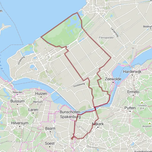 Map miniature of "Gravel Route through Zevenhuizen, Nijkerkernauw, and Oostvaardersplassen" cycling inspiration in Utrecht, Netherlands. Generated by Tarmacs.app cycling route planner