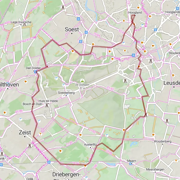 Map miniature of "Hoogland - Amersfoort Gravel Loop" cycling inspiration in Utrecht, Netherlands. Generated by Tarmacs.app cycling route planner