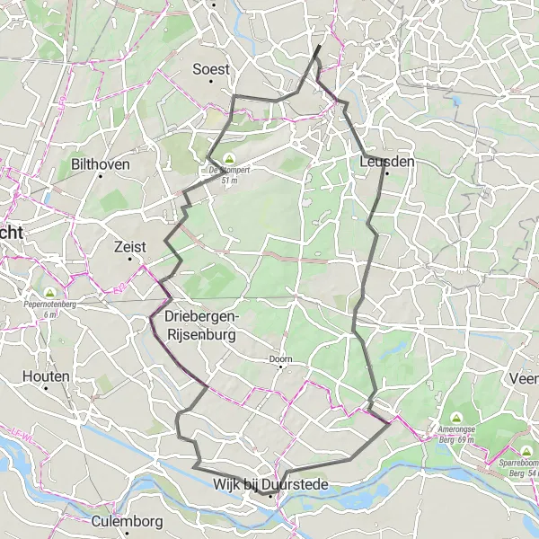 Miniatuurkaart van de fietsinspiratie "Wegfietsroute door Amersfoort en Wijk bij Duurstede" in Utrecht, Netherlands. Gemaakt door de Tarmacs.app fietsrouteplanner