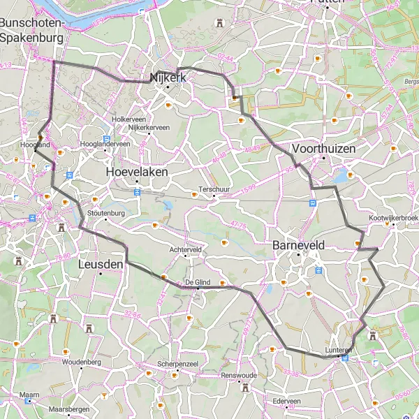 Miniatuurkaart van de fietsinspiratie "Rondrit Hoogland - Achterhoek - Meulunteren - Goudsberg - Stoutenburg - Hoogland" in Utrecht, Netherlands. Gemaakt door de Tarmacs.app fietsrouteplanner