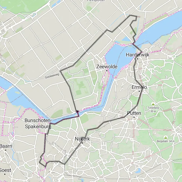 Miniatuurkaart van de fietsinspiratie "Rondje Nijkerk via Veluwemeer" in Utrecht, Netherlands. Gemaakt door de Tarmacs.app fietsrouteplanner