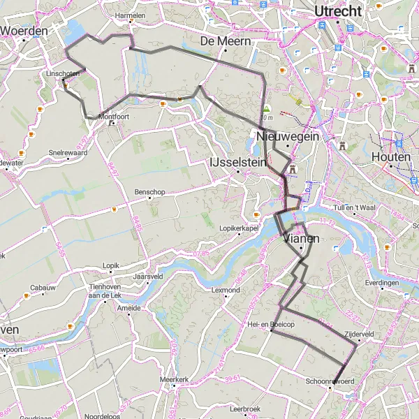 Map miniature of "Vianen Adventure" cycling inspiration in Utrecht, Netherlands. Generated by Tarmacs.app cycling route planner