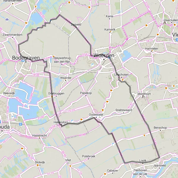 Map miniature of "Road cycling route near Lopik" cycling inspiration in Utrecht, Netherlands. Generated by Tarmacs.app cycling route planner