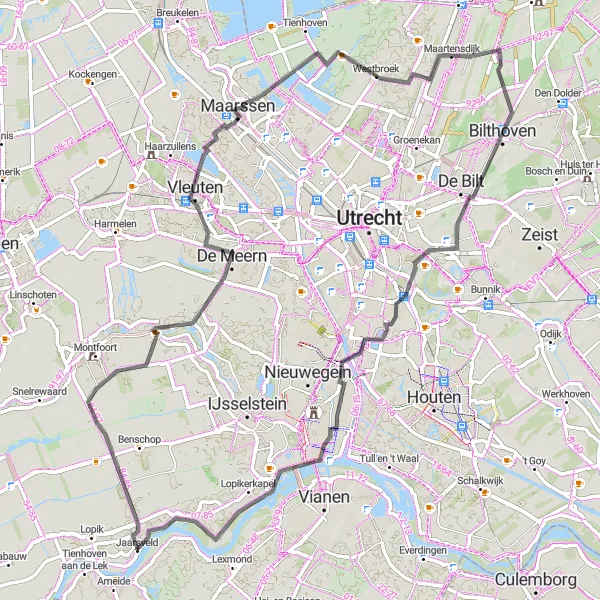 Map miniature of "Road cycling route near Lopik" cycling inspiration in Utrecht, Netherlands. Generated by Tarmacs.app cycling route planner