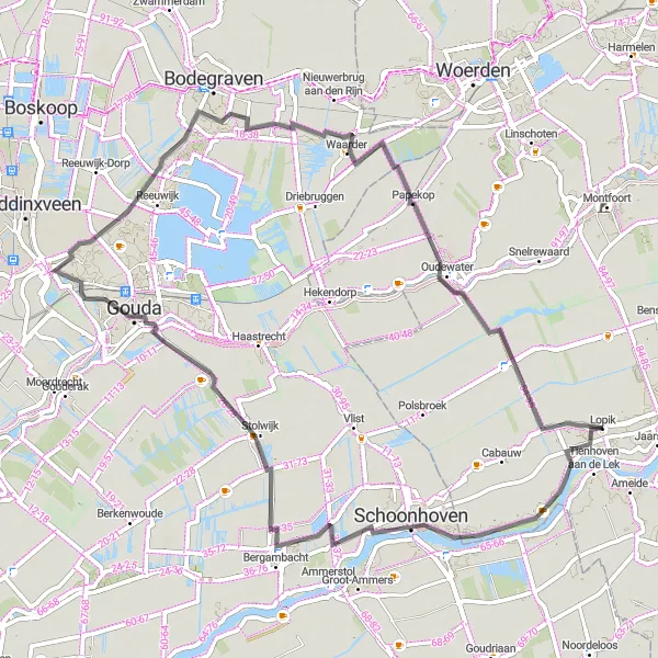 Map miniature of "Road cycling route near Lopik" cycling inspiration in Utrecht, Netherlands. Generated by Tarmacs.app cycling route planner