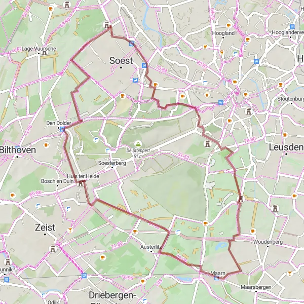 Map miniature of "Maarn to Amersfoortse Berg Loop" cycling inspiration in Utrecht, Netherlands. Generated by Tarmacs.app cycling route planner