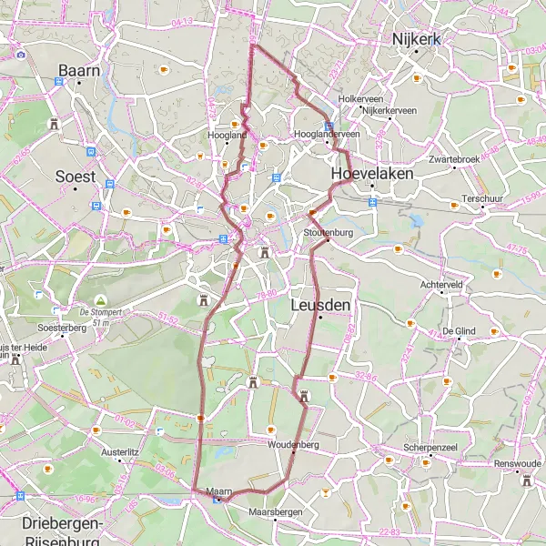 Miniatuurkaart van de fietsinspiratie "Korte gravelroute langs Amersfoort" in Utrecht, Netherlands. Gemaakt door de Tarmacs.app fietsrouteplanner