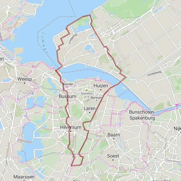 Map miniature of "Gravel Adventure across Hilversum and Almere" cycling inspiration in Utrecht, Netherlands. Generated by Tarmacs.app cycling route planner