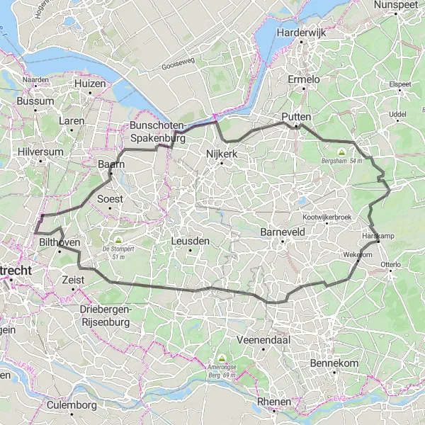 Map miniature of "Scenic Road Cycling Adventure towards Kootwijk" cycling inspiration in Utrecht, Netherlands. Generated by Tarmacs.app cycling route planner