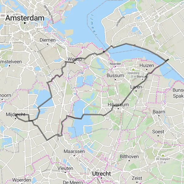 Map miniature of "Mijdrecht to Blaricum Loop" cycling inspiration in Utrecht, Netherlands. Generated by Tarmacs.app cycling route planner