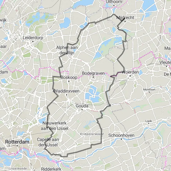 Map miniature of "Mijdrecht to Alphen aan den Rijn Loop" cycling inspiration in Utrecht, Netherlands. Generated by Tarmacs.app cycling route planner