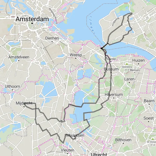 Map miniature of "Mijdrecht to Almere Stad Loop" cycling inspiration in Utrecht, Netherlands. Generated by Tarmacs.app cycling route planner