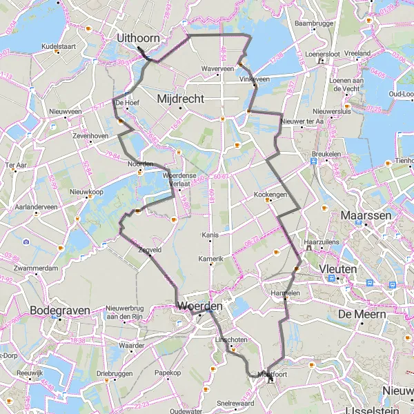 Map miniature of "Woerden to Uithoorn" cycling inspiration in Utrecht, Netherlands. Generated by Tarmacs.app cycling route planner
