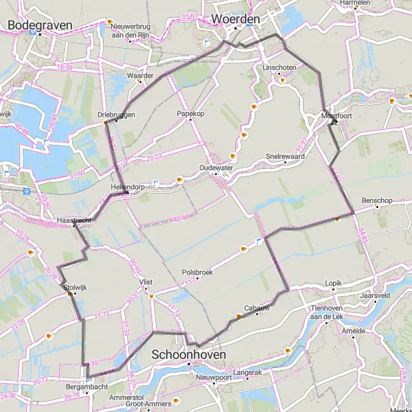 Miniatuurkaart van de fietsinspiratie "Fietsen langs Montfoort en Oudewater" in Utrecht, Netherlands. Gemaakt door de Tarmacs.app fietsrouteplanner