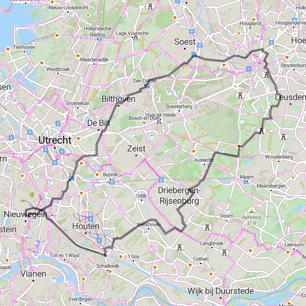 Map miniature of "Bilthoven to Nieuwegein Adventure" cycling inspiration in Utrecht, Netherlands. Generated by Tarmacs.app cycling route planner