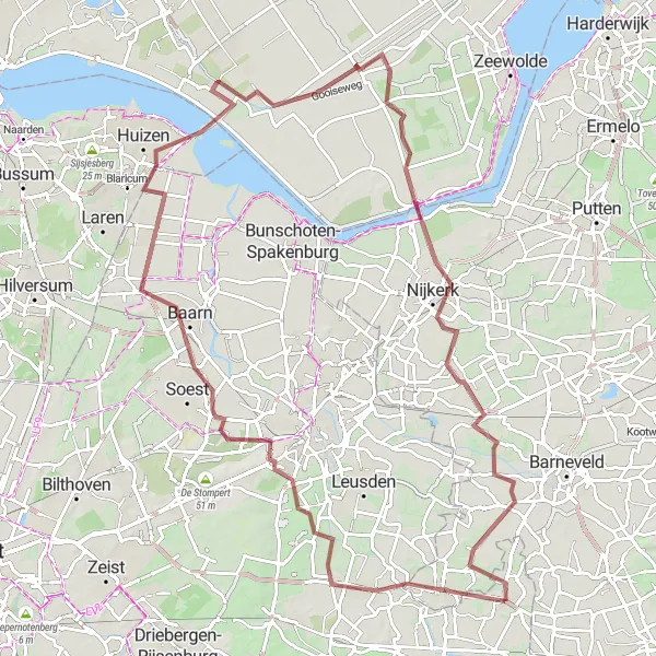 Miniatuurkaart van de fietsinspiratie "Gravelavontuur Woudenberg - Nijkerk aan Zee" in Utrecht, Netherlands. Gemaakt door de Tarmacs.app fietsrouteplanner