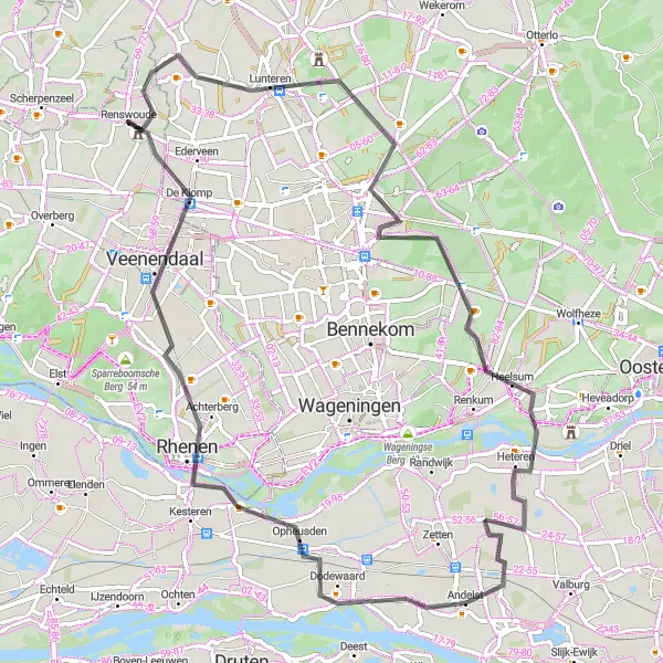 Map miniature of "Hills and the Grebbeberg" cycling inspiration in Utrecht, Netherlands. Generated by Tarmacs.app cycling route planner