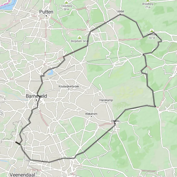 Map miniature of "Renswoude - Radio Kootwijk - Ede Route" cycling inspiration in Utrecht, Netherlands. Generated by Tarmacs.app cycling route planner