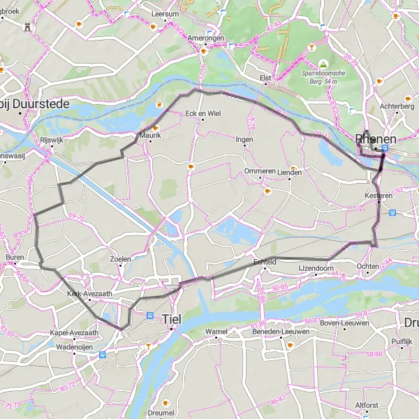 Miniatuurkaart van de fietsinspiratie "Fietsen langs de Betuwe" in Utrecht, Netherlands. Gemaakt door de Tarmacs.app fietsrouteplanner