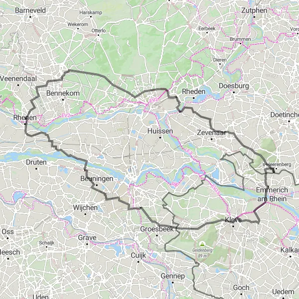 Map miniature of "Rhenen - De Ginkel - Rijsberg - Muntheuvel - Rhenen" cycling inspiration in Utrecht, Netherlands. Generated by Tarmacs.app cycling route planner