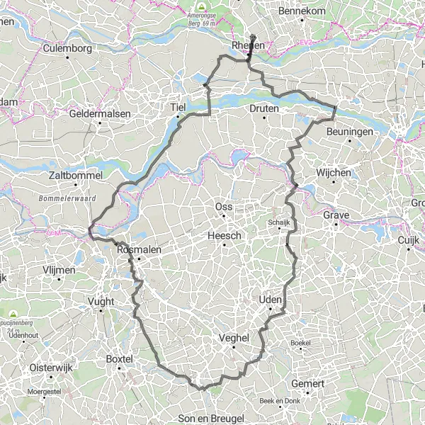 Map miniature of "Rhenen - Bergharen - Keldonk - Olland - Velddriel" cycling inspiration in Utrecht, Netherlands. Generated by Tarmacs.app cycling route planner