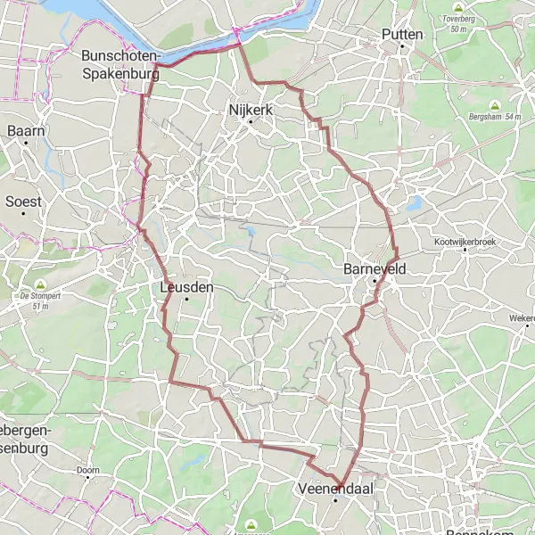 Map miniature of "Veenendaal Gravel Adventure" cycling inspiration in Utrecht, Netherlands. Generated by Tarmacs.app cycling route planner