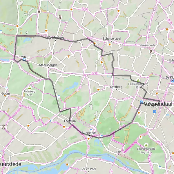 Miniatuurkaart van de fietsinspiratie "Schilderachtige Fietsroute door Amerongen en Woudenberg" in Utrecht, Netherlands. Gemaakt door de Tarmacs.app fietsrouteplanner