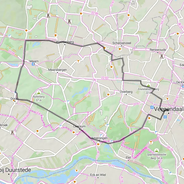 Miniatuurkaart van de fietsinspiratie "Wegtocht naar Ruiterberg en Woudenberg" in Utrecht, Netherlands. Gemaakt door de Tarmacs.app fietsrouteplanner