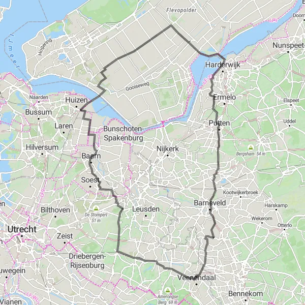 Map miniature of "Veluwemeer Loop" cycling inspiration in Utrecht, Netherlands. Generated by Tarmacs.app cycling route planner