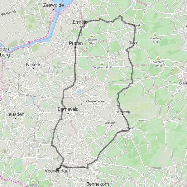 Miniatuurkaart van de fietsinspiratie "Uitdagende Route langs Walderveen en Kootwijkerzand" in Utrecht, Netherlands. Gemaakt door de Tarmacs.app fietsrouteplanner