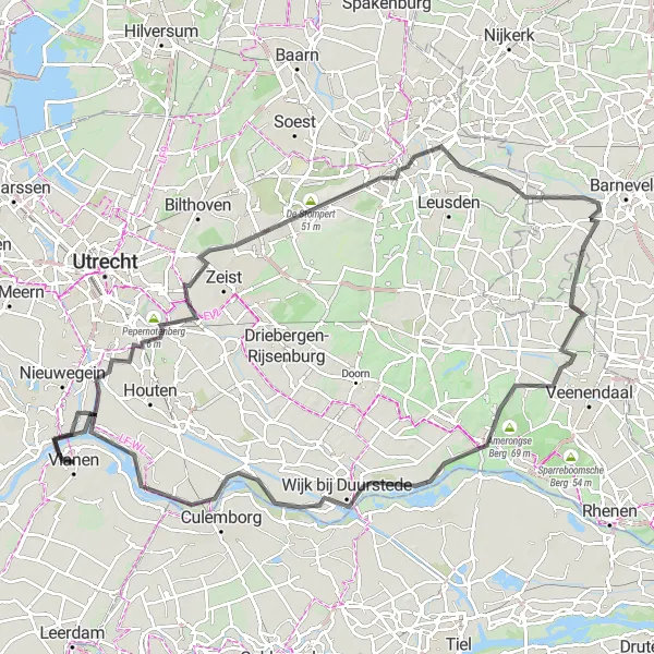 Miniatuurkaart van de fietsinspiratie "Lekker Rondje Utrechtse Heuvelrug" in Utrecht, Netherlands. Gemaakt door de Tarmacs.app fietsrouteplanner