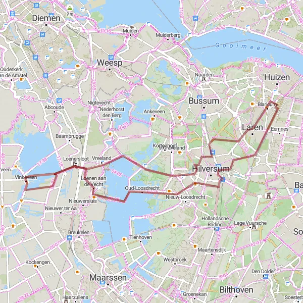 Map miniature of "Vinkeveen - Loenersloot - Hilversum - Anna's Berg - Woensberg - Blaricum - Fort Kijkuit - Vinkeveen" cycling inspiration in Utrecht, Netherlands. Generated by Tarmacs.app cycling route planner