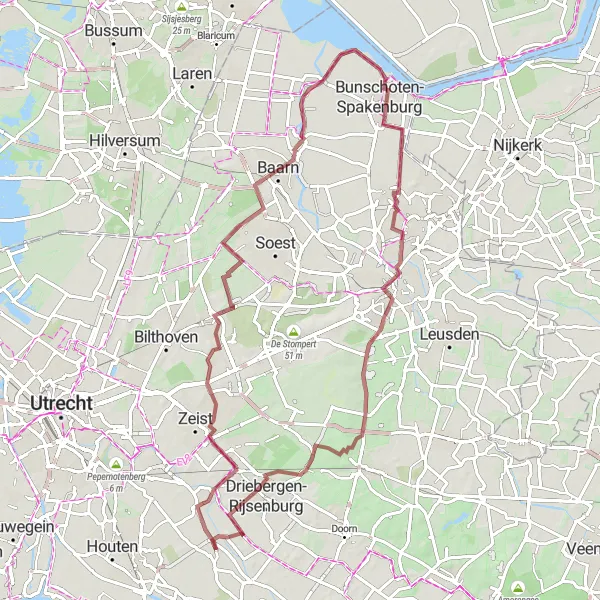 Miniatuurkaart van de fietsinspiratie "Avontuurlijke Gravelroute van Odijk naar Beverweerd" in Utrecht, Netherlands. Gemaakt door de Tarmacs.app fietsrouteplanner