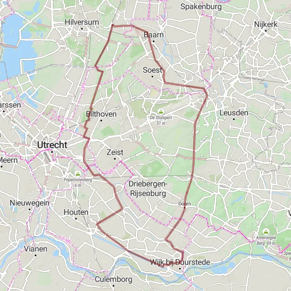 Miniatuurkaart van de fietsinspiratie "Bosrijk gravelavontuur bij Wijk bij Duurstede" in Utrecht, Netherlands. Gemaakt door de Tarmacs.app fietsrouteplanner