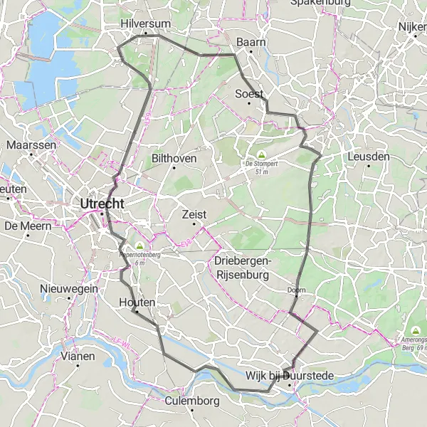 Miniatuurkaart van de fietsinspiratie "Wijk bij Duurstede - Utrecht - Kasteel Duurstede - Hilversum" in Utrecht, Netherlands. Gemaakt door de Tarmacs.app fietsrouteplanner