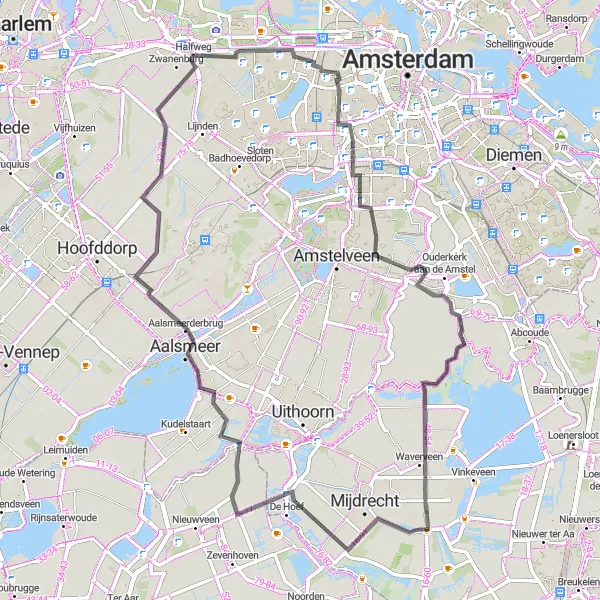 Map miniature of "Road route from Wilnis through Rozenburg, Halfweg, De Lange Bretten, Olympiahuis, Voetangelbrug, and Waverveen" cycling inspiration in Utrecht, Netherlands. Generated by Tarmacs.app cycling route planner