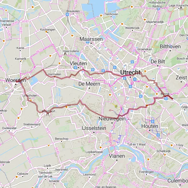 Map miniature of "Woerden Gravel Circuit via Pepernotenberg" cycling inspiration in Utrecht, Netherlands. Generated by Tarmacs.app cycling route planner