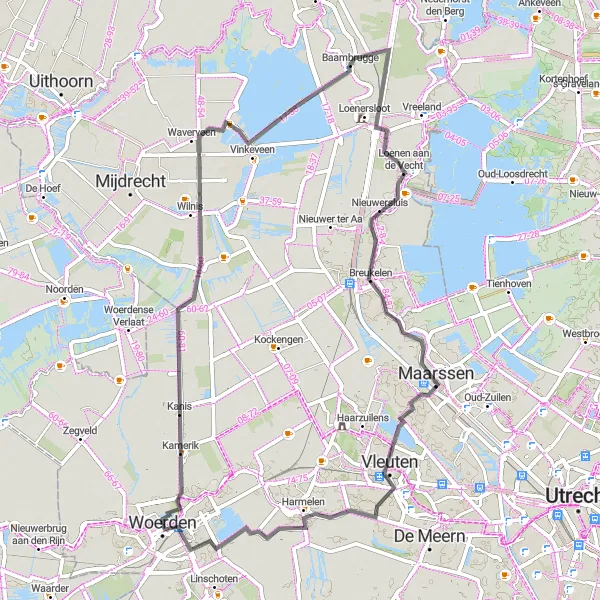 Map miniature of "Woerden to Loenen aan de Vecht Loop" cycling inspiration in Utrecht, Netherlands. Generated by Tarmacs.app cycling route planner