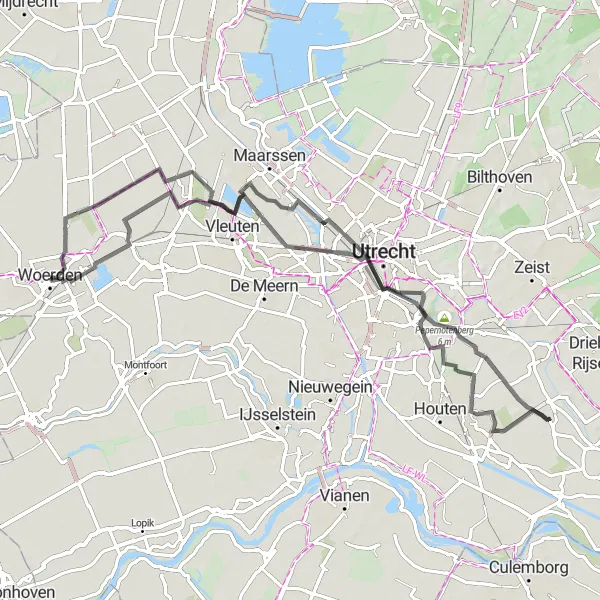 Map miniature of "Woerden to Haarzuilens Loop via Vechten" cycling inspiration in Utrecht, Netherlands. Generated by Tarmacs.app cycling route planner