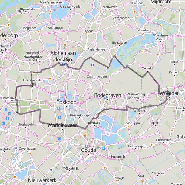Map miniature of "Waddinxveen Adventure Route" cycling inspiration in Utrecht, Netherlands. Generated by Tarmacs.app cycling route planner