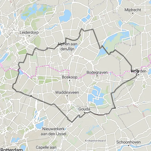 Map miniature of "Woerden to Meije Loop via Ter Aar" cycling inspiration in Utrecht, Netherlands. Generated by Tarmacs.app cycling route planner
