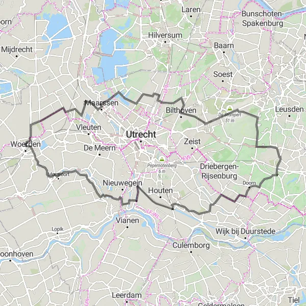 Map miniature of "Woerden to Kasteel van Woerden Adventure" cycling inspiration in Utrecht, Netherlands. Generated by Tarmacs.app cycling route planner