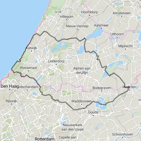 Map miniature of "Woerden to Noordwijk Scenic Route" cycling inspiration in Utrecht, Netherlands. Generated by Tarmacs.app cycling route planner