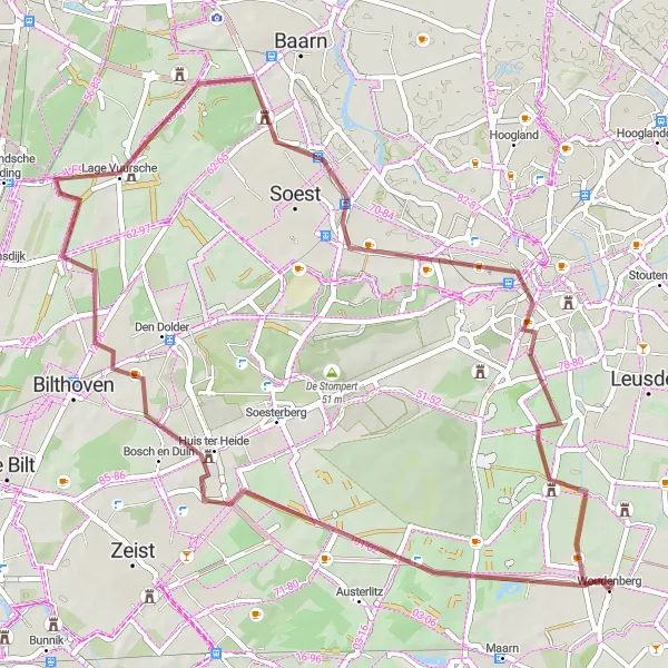 Miniatuurkaart van de fietsinspiratie "Korte gravelroute van Woudenberg naar Amersfoort" in Utrecht, Netherlands. Gemaakt door de Tarmacs.app fietsrouteplanner