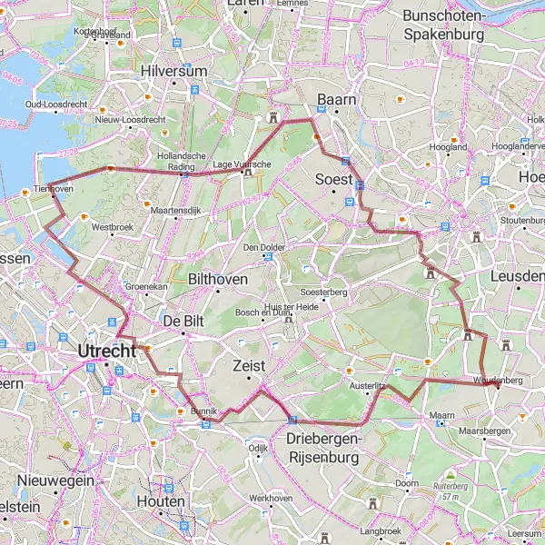 Miniatuurkaart van de fietsinspiratie "Avontuurlijk gravelroute van Woudenberg naar Den Treek" in Utrecht, Netherlands. Gemaakt door de Tarmacs.app fietsrouteplanner