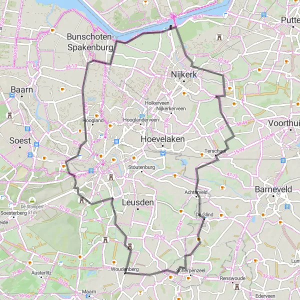 Map miniature of "Woudenberg and Beyond" cycling inspiration in Utrecht, Netherlands. Generated by Tarmacs.app cycling route planner