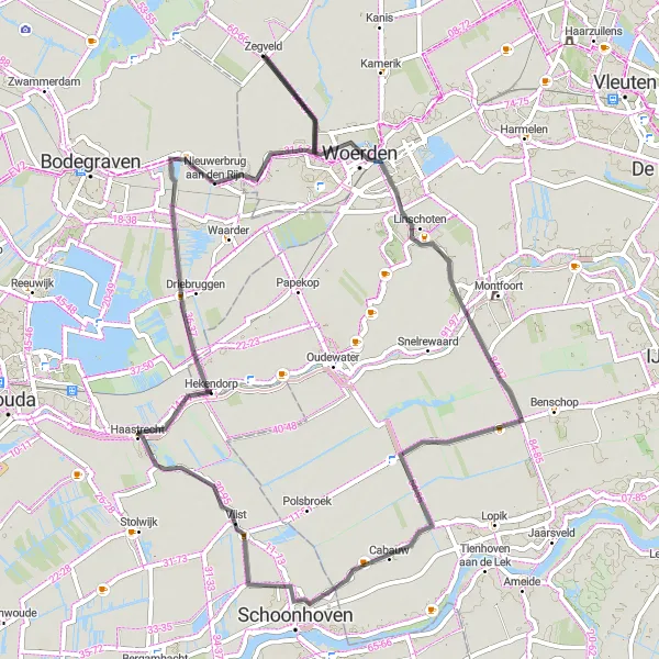 Map miniature of "Kasteel van Woerden, Polsbroekerdam, Vlist, Hekendorp, Treinspotplek Hogebrug, Nieuwerbrug aan den Rijn, Zegveld Loop" cycling inspiration in Utrecht, Netherlands. Generated by Tarmacs.app cycling route planner