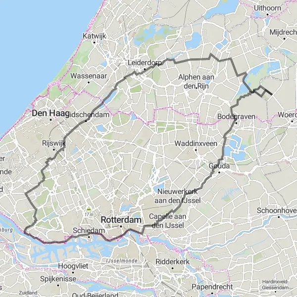 Map miniature of "Reeuwijk Lake Escape" cycling inspiration in Utrecht, Netherlands. Generated by Tarmacs.app cycling route planner